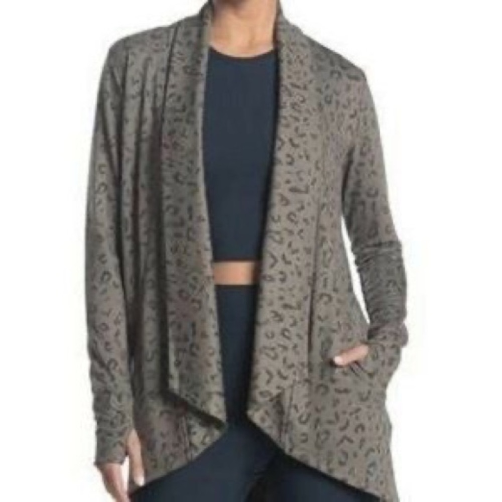 90 Degree By Reflex Olive Green Leopard Print Open Front Cardigan Drape Collar